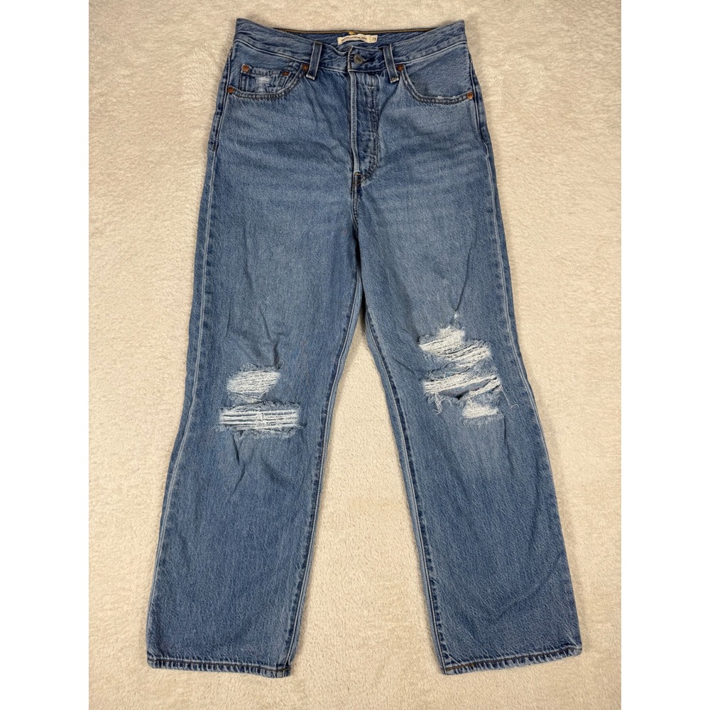 Levis Premium Ribcage Straight Ankle Womens 28 Blue Distressed High Rise Jeans
